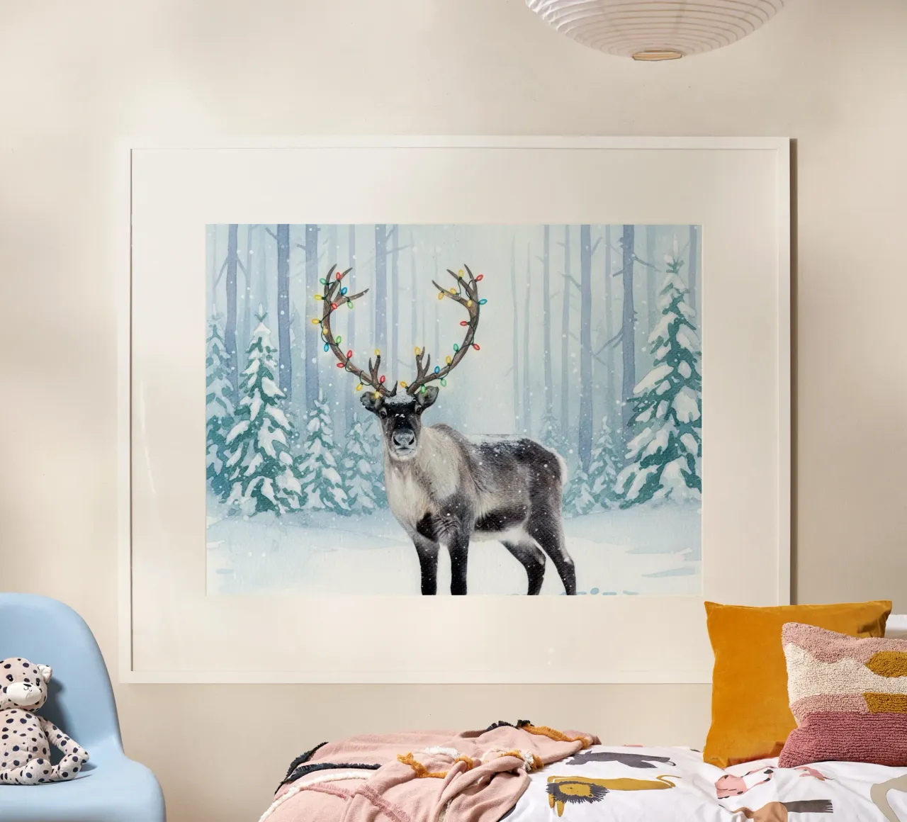 Reindeer with Christmas Lights poster con telaio in plastica da Attaboy Dsgn