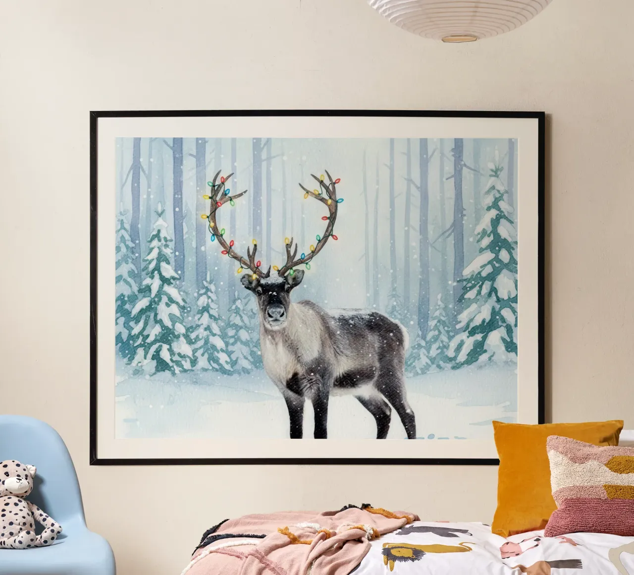 Reindeer with Christmas Lights poster con telaio in plastica da Attaboy Dsgn