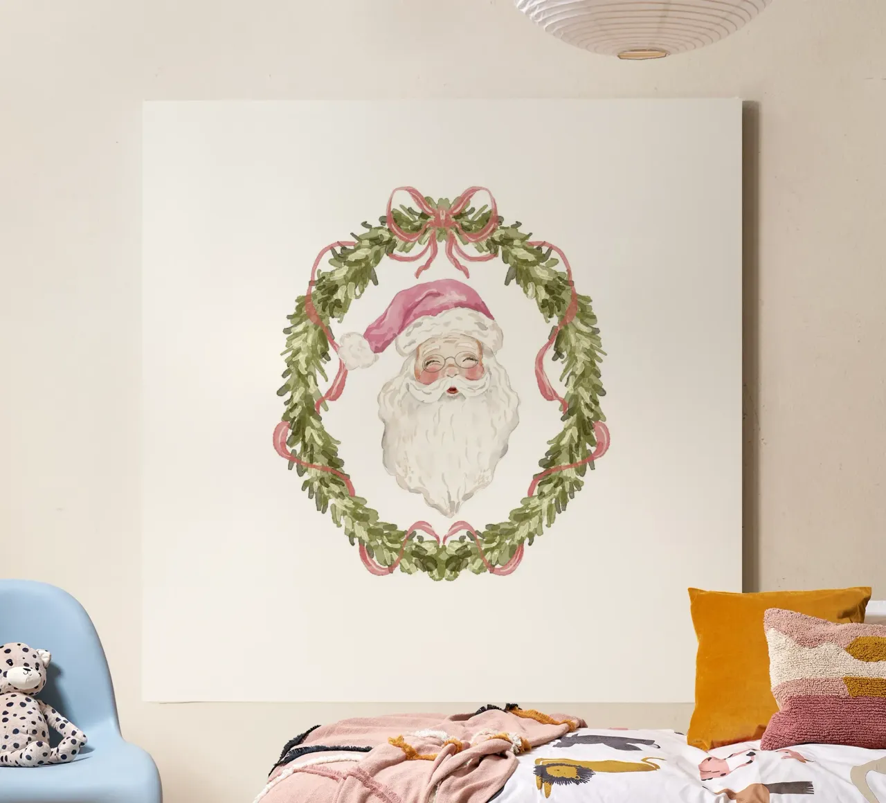 Ghirlanda di Babbo Natale vintage con nastro verde e rosa tela con Cornice a cassetta da Stilrausch