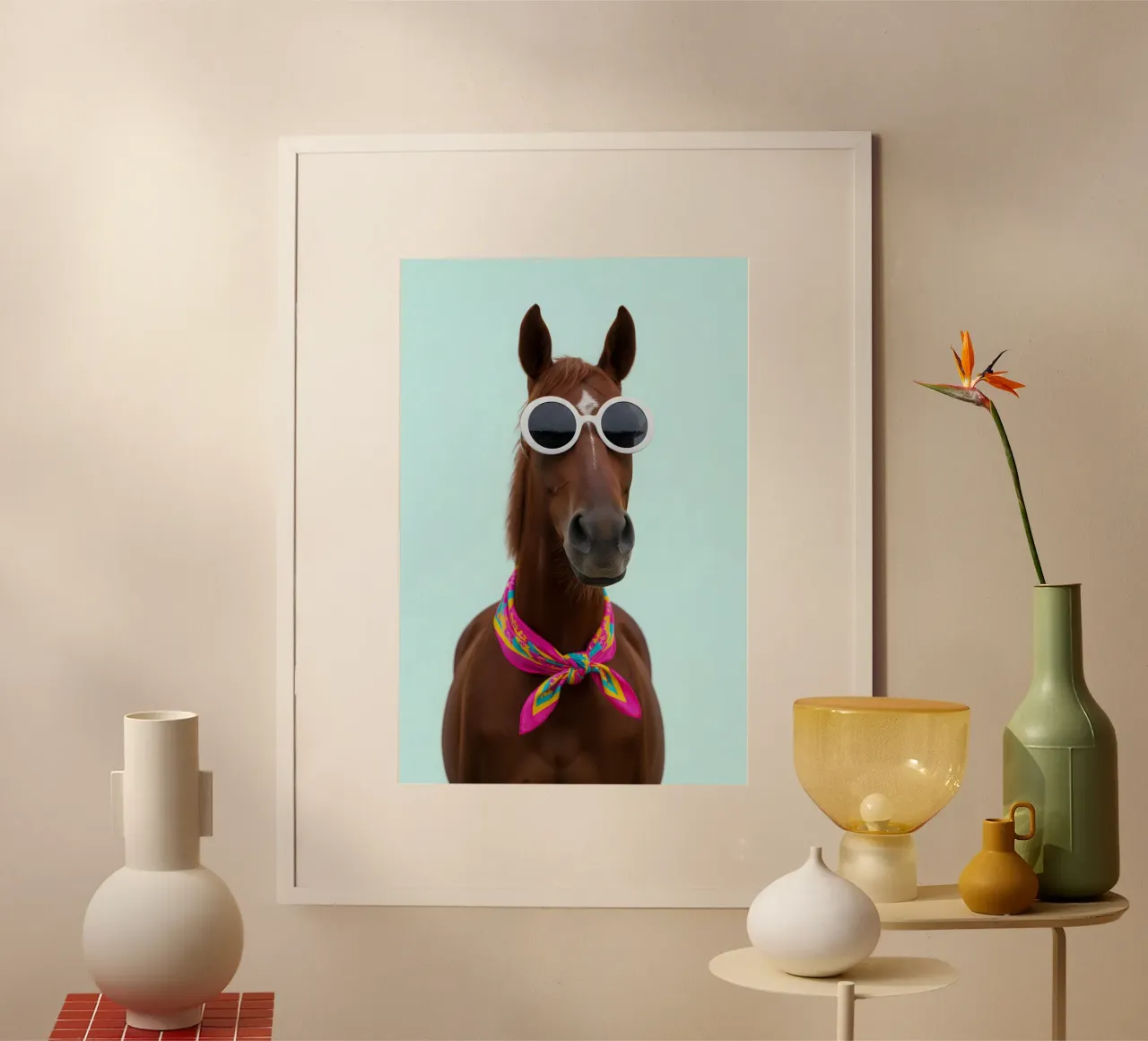 Cool Horse in Scarf and Sunglasses poster con telaio in plastica da Attaboy Dsgn