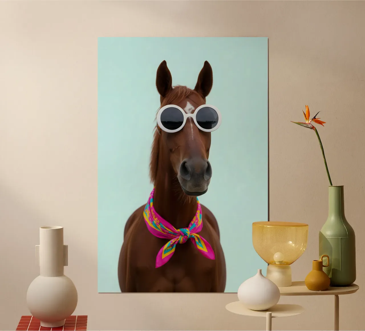 Cool Horse in Scarf and Sunglasses poster con telaio in plastica da Attaboy Dsgn