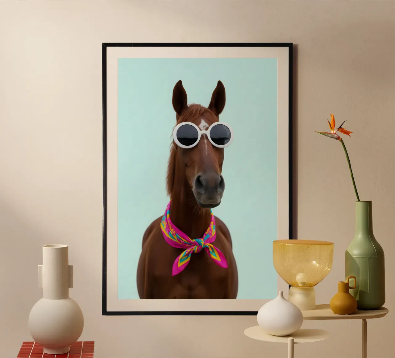 Cool Horse in Scarf and Sunglasses poster con telaio in plastica da Attaboy Dsgn