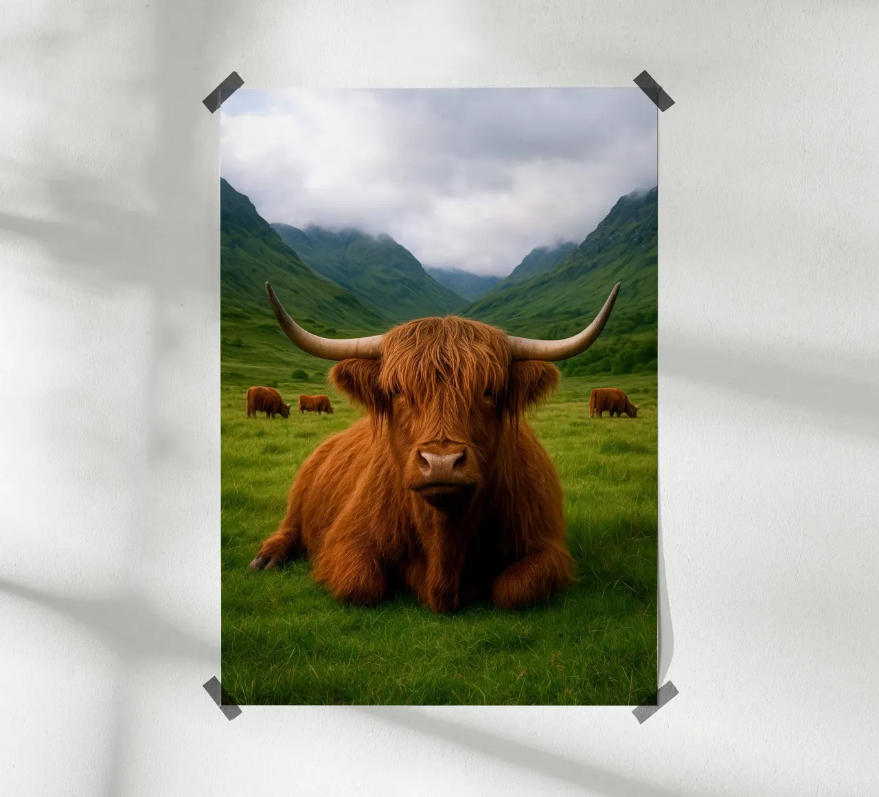 Highland Cow in Scotland poster con telaio in legno da Attaboy Dsgn