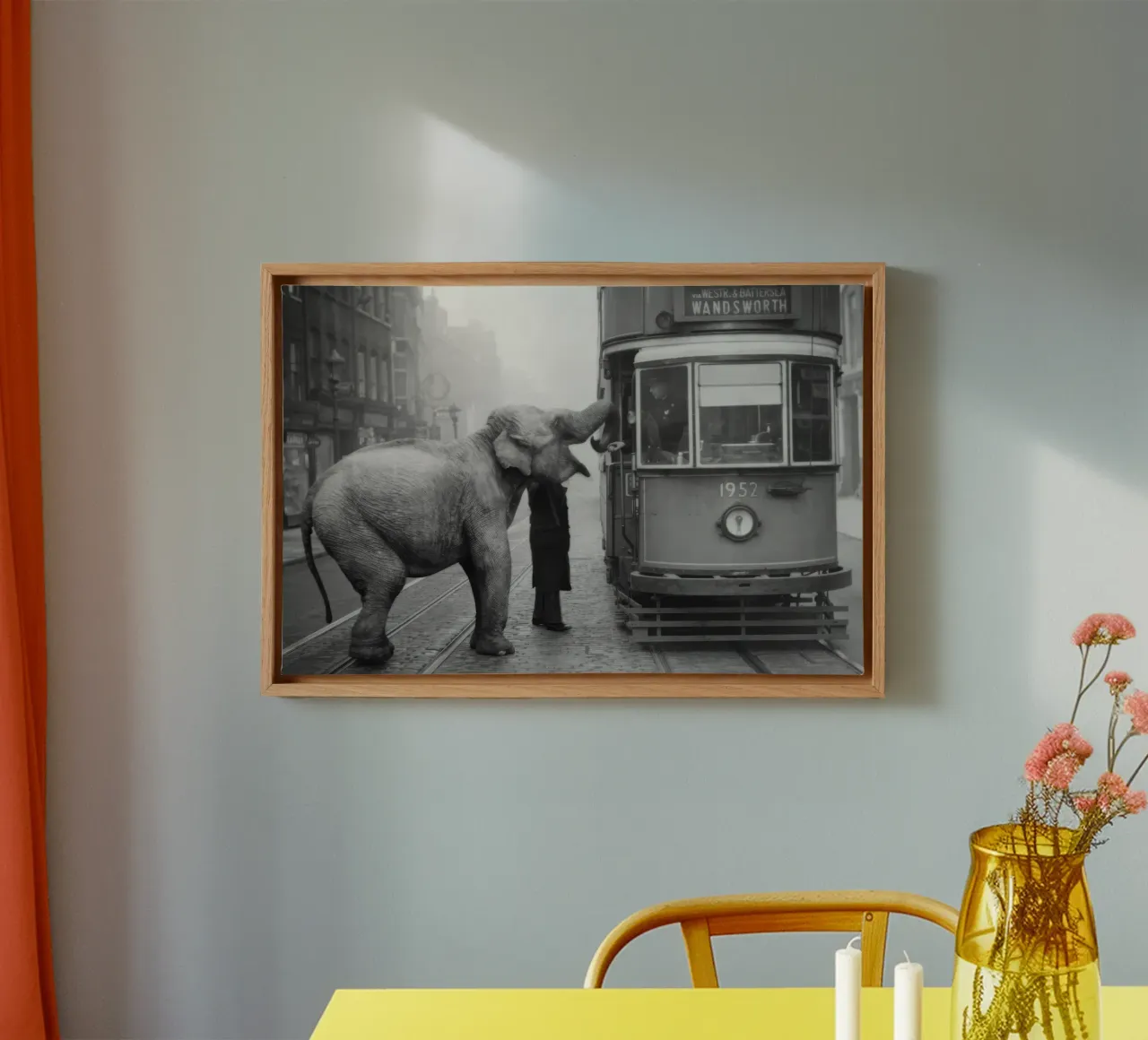 Elephant and Trolley, Funny Black and White Old Photo canvas with Floater frame by Vibrant Vintage Prints