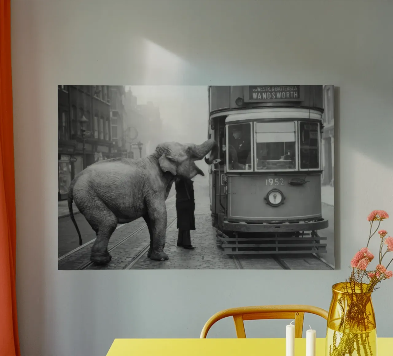Elephant and Trolley, Funny Black and White Old Photo canvas with Floater frame by Vibrant Vintage Prints