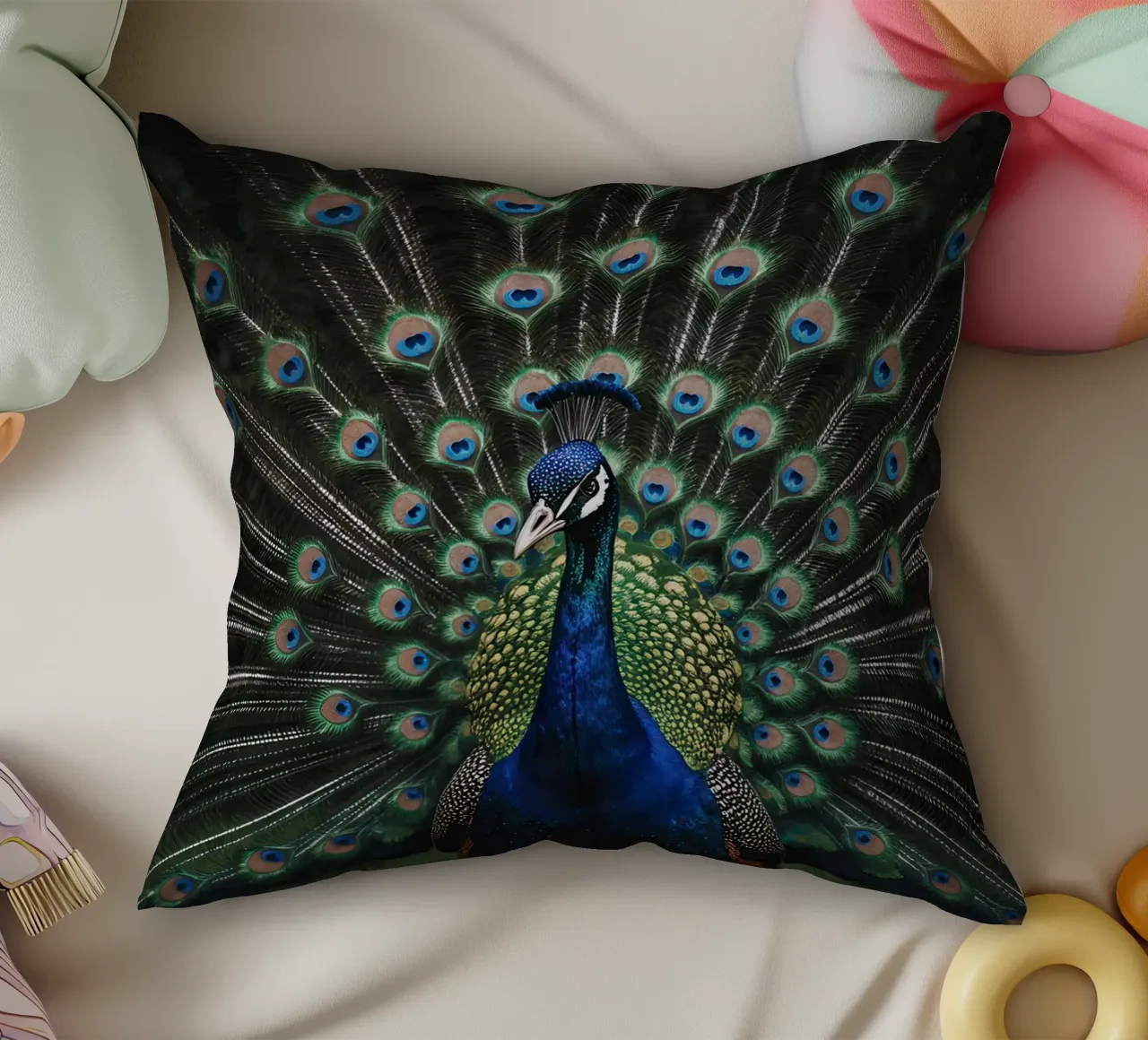 Peacock with Full Tail Display cuscino da Attaboy Dsgn