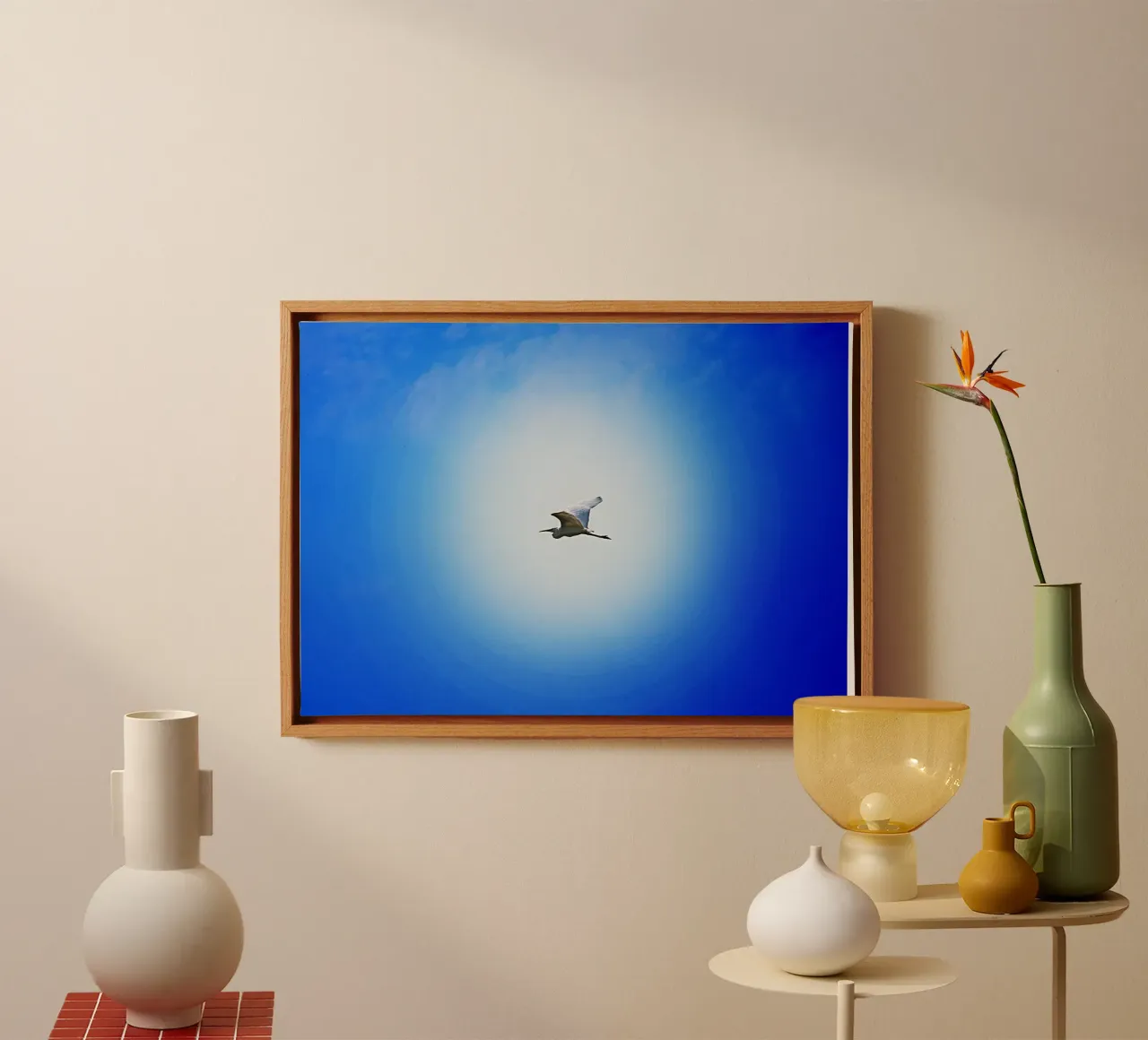 Stork in the Blue Bringing Good News – Fine Art Print canvas with Floater frame by jay
