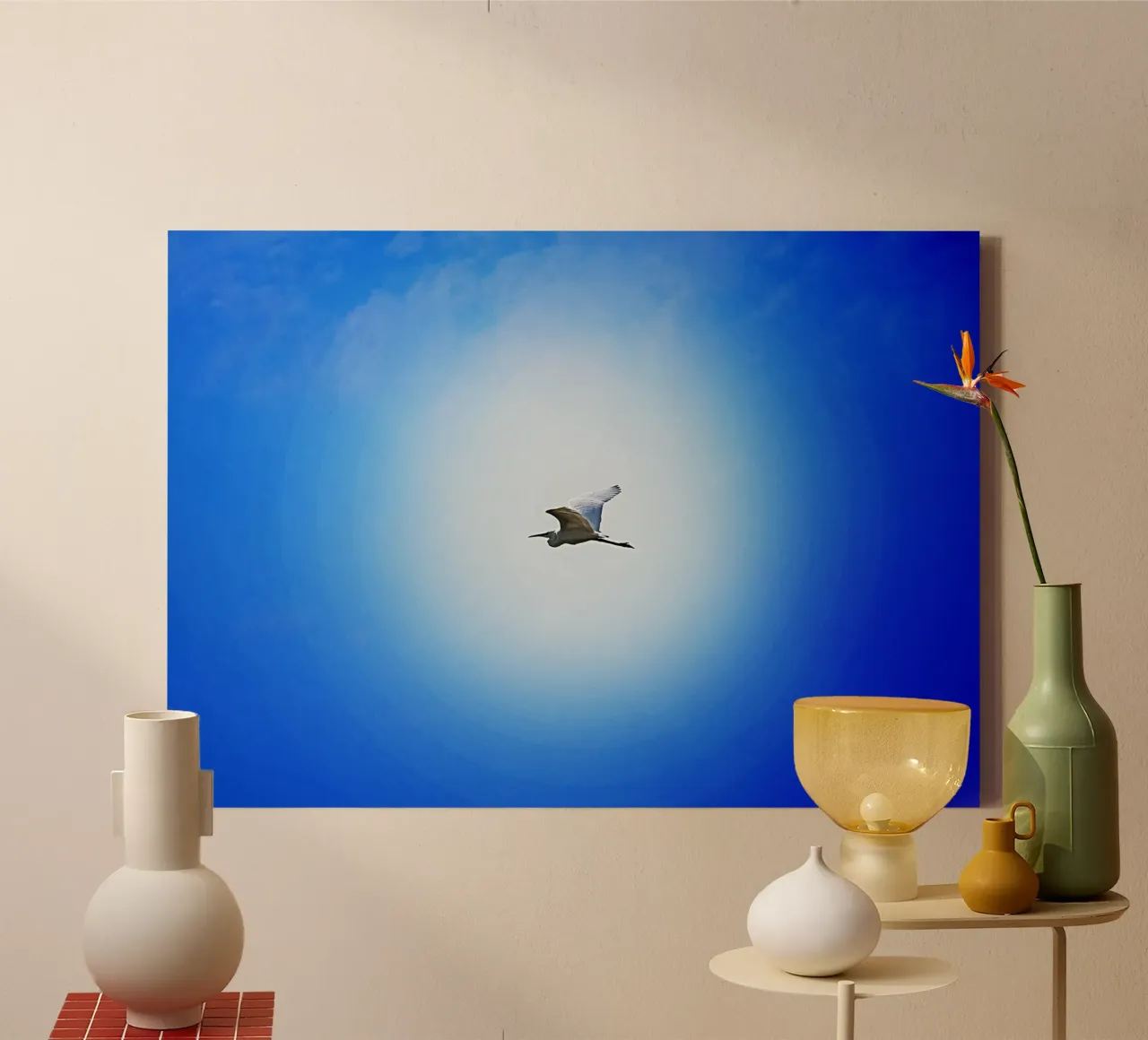 Stork in the Blue Bringing Good News – Fine Art Print canvas with Floater frame by jay