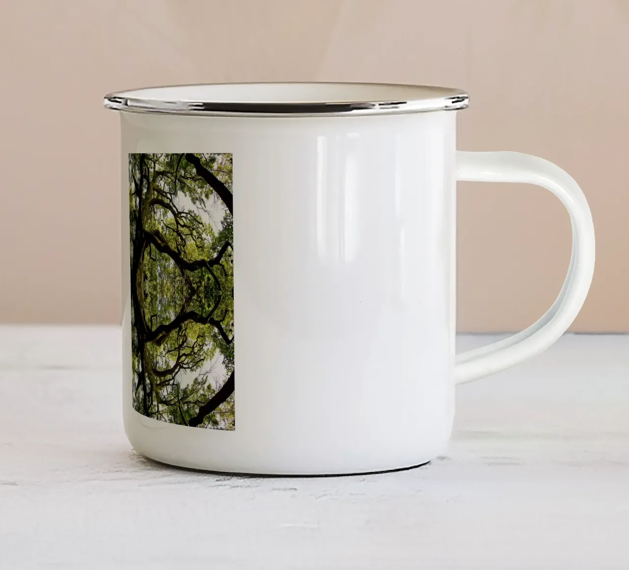 Oorsprong, Het groene portaal - Abstracte kunstdruk emaille mok van jay