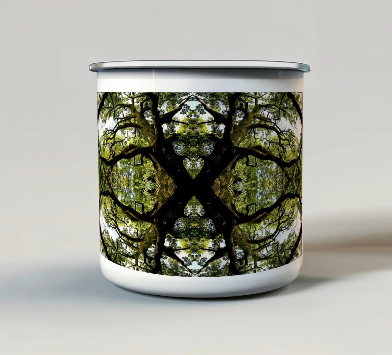 Oorsprong, Het groene portaal - Abstracte kunstdruk emaille mok van jay