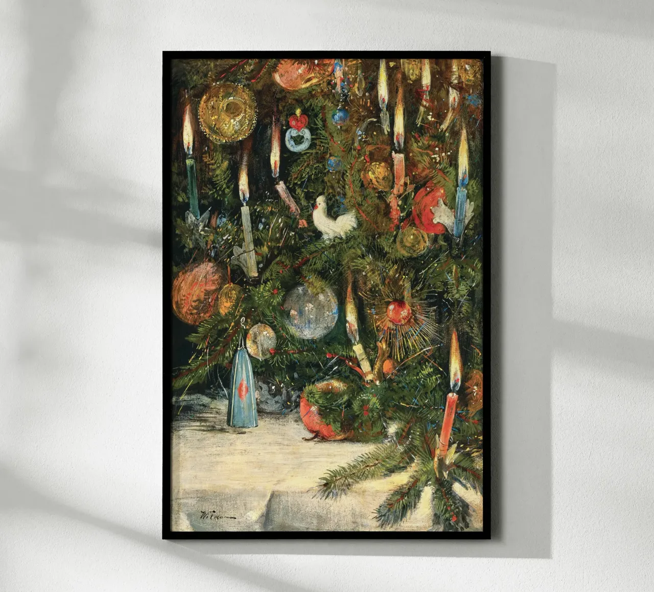 Christmas Tree Decorated with Lights poster con telaio in legno da apoloprints