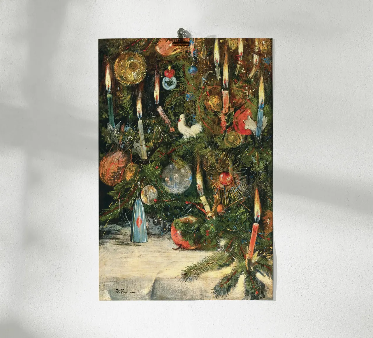 Christmas Tree Decorated with Lights poster con telaio in legno da apoloprints