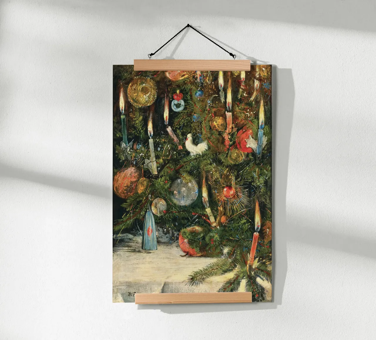 Christmas Tree Decorated with Lights poster con telaio in legno da apoloprints