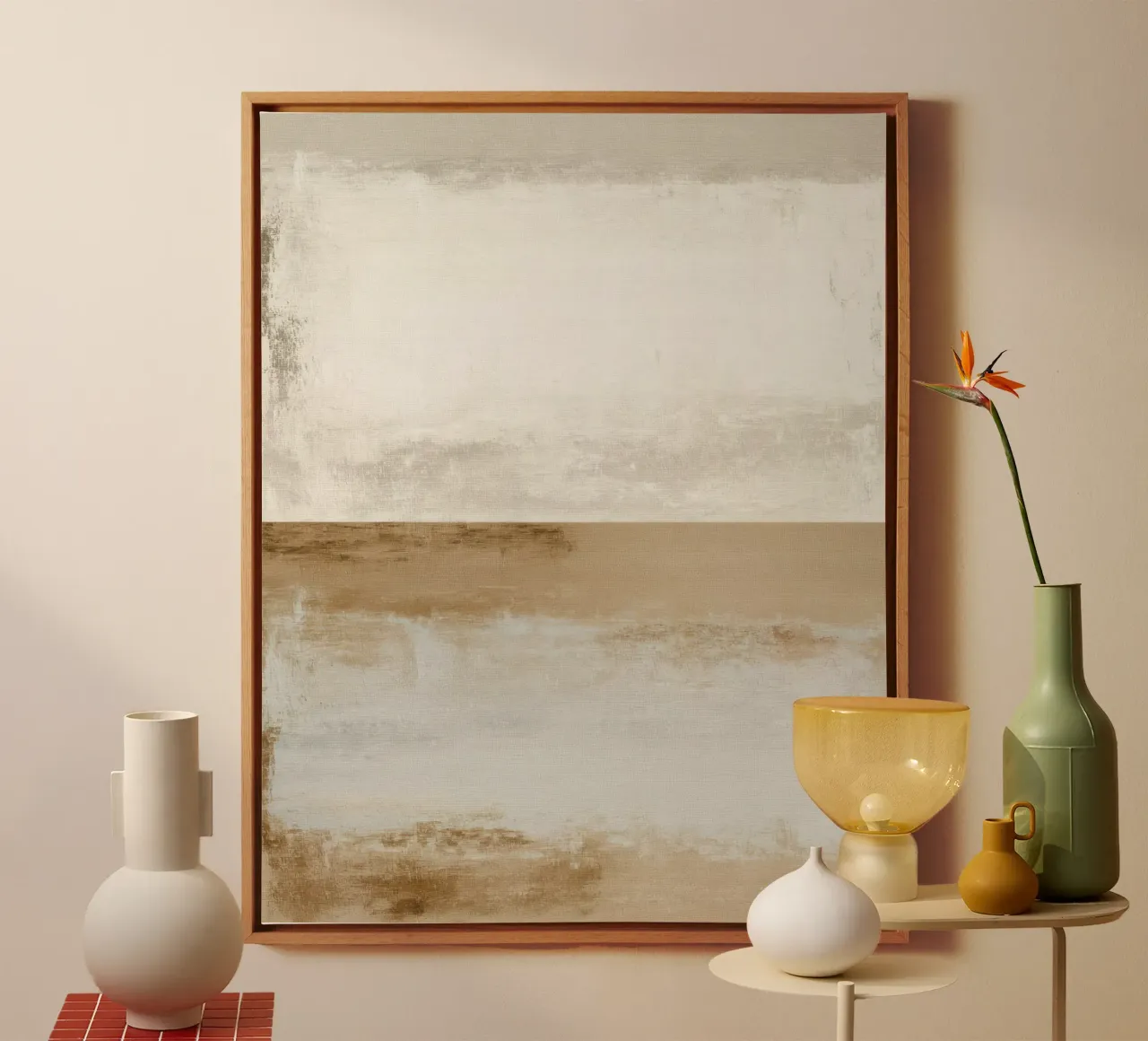 Minimalistisch abstract schilderij met textuur in warme neutrale tinten canvas met Baklijst van Artbyvo
