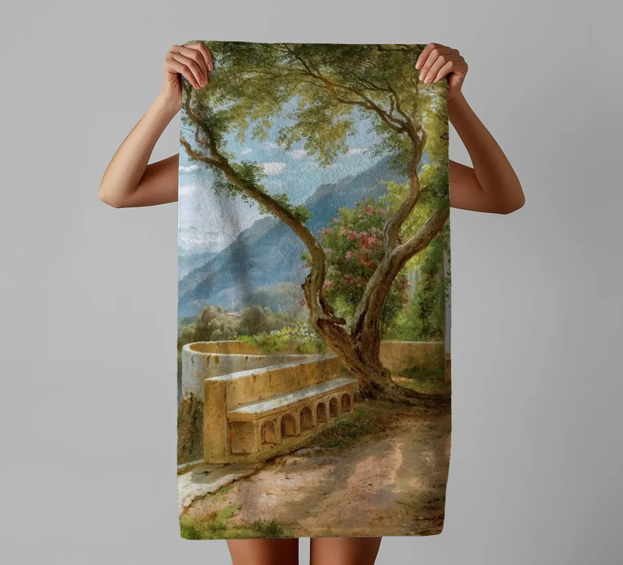 A monk and a novice at an Italian loggia asciugamano da bagno da apoloprints