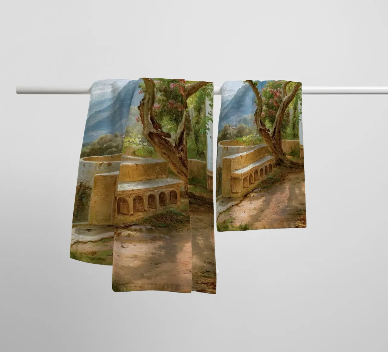A monk and a novice at an Italian loggia asciugamano da bagno da apoloprints