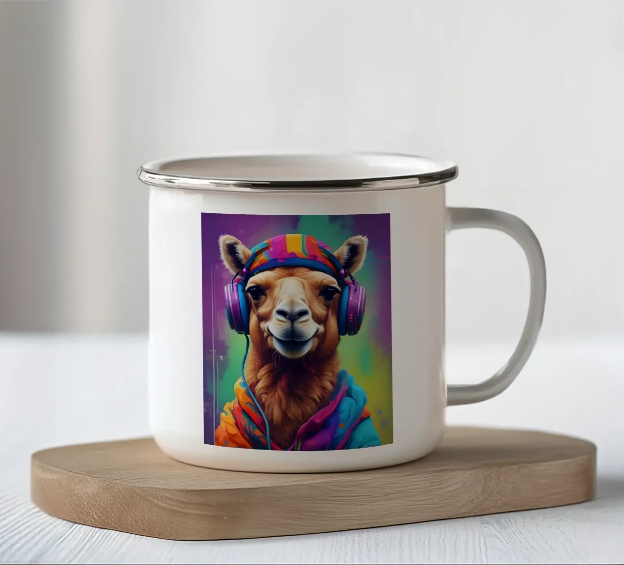 Cammello con cuffie artistiche tazza in smalto da MakArena
