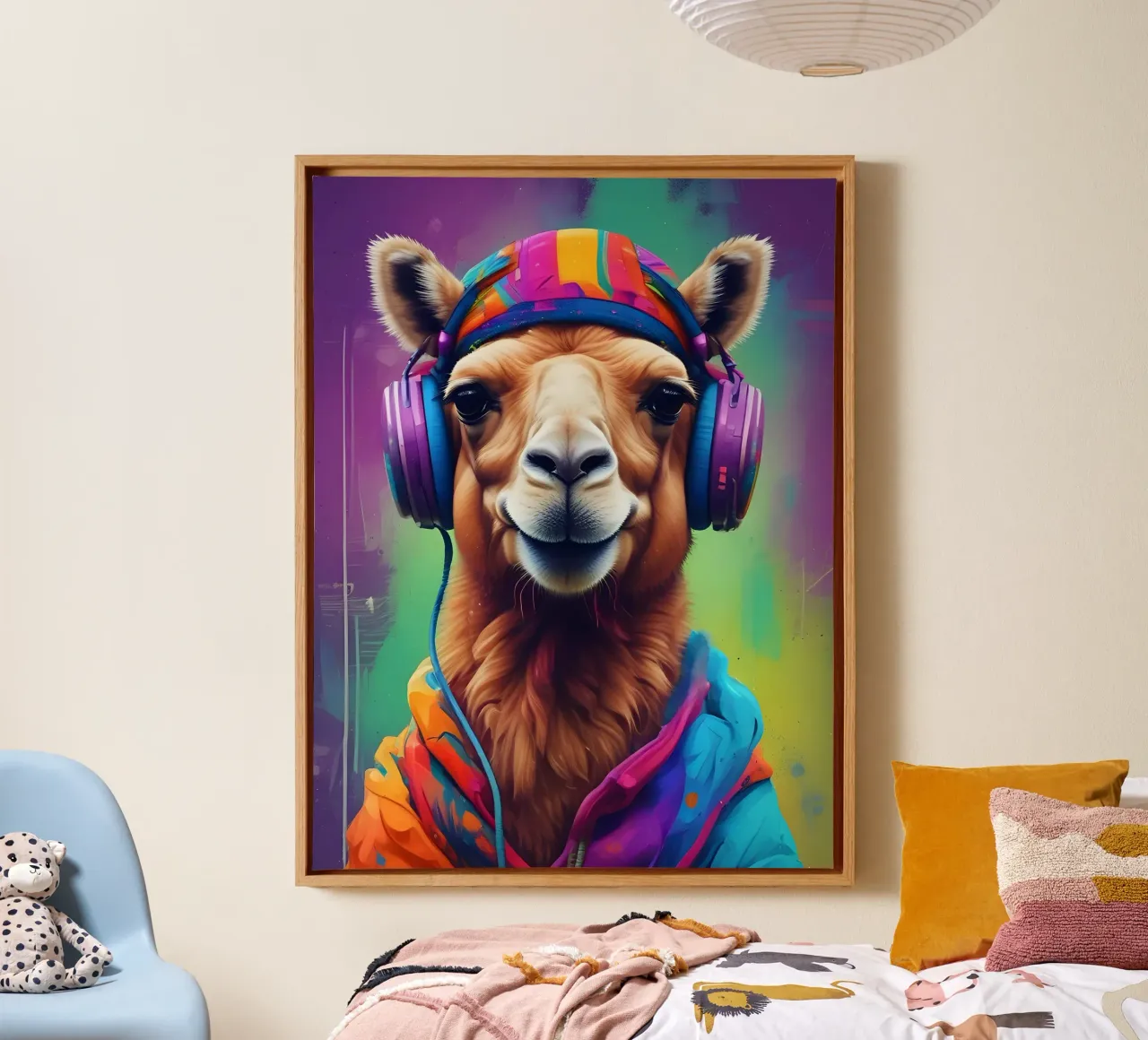 Camello con auriculares artísticos lienzo con Marco flotante de MakArena