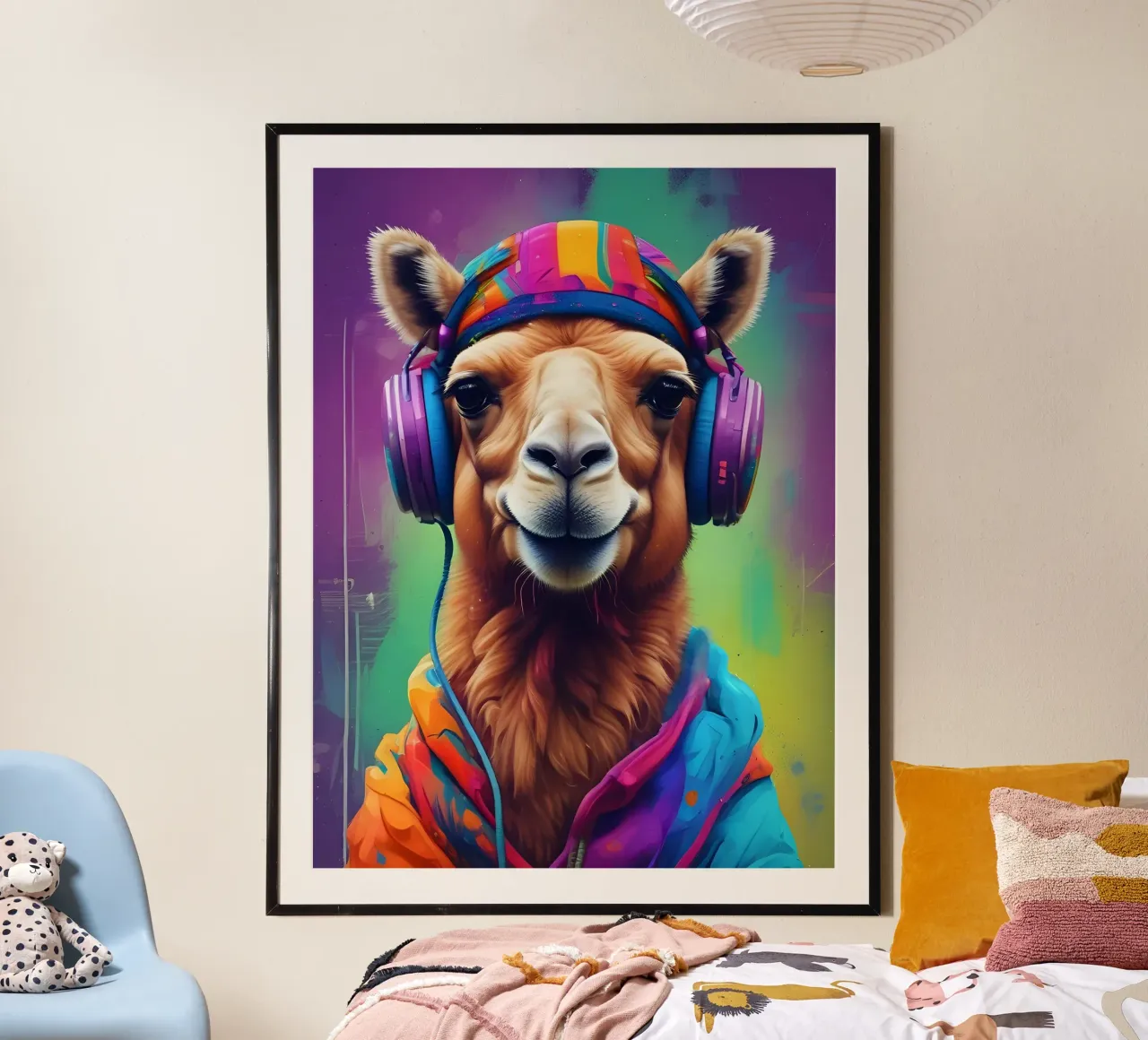 Cammello con cuffie artistiche poster con telaio in plastica da MakArena