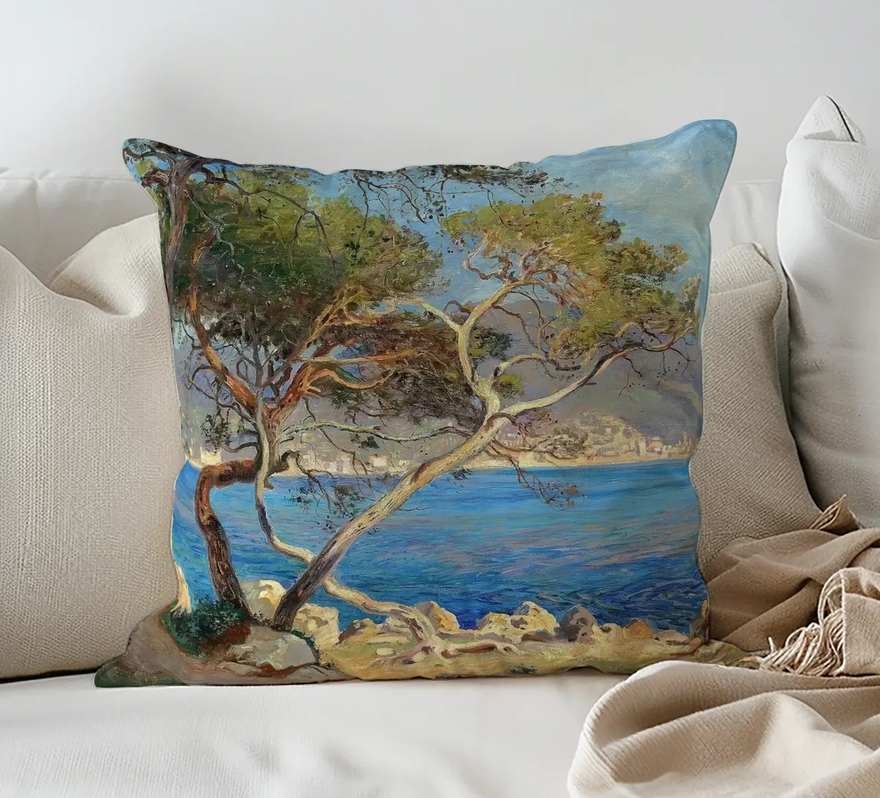 Pine trees at Cap Martin Coastal Landscape cuscino da apoloprints