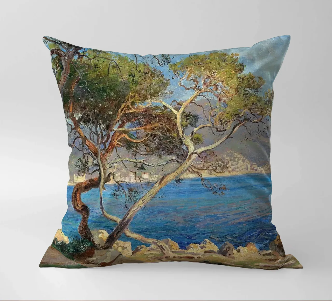 Pine trees at Cap Martin Coastal Landscape cuscino da apoloprints