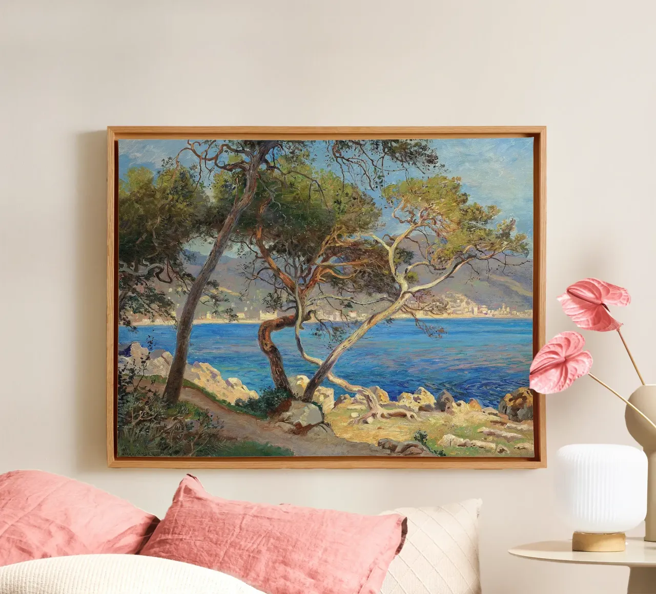 Pine trees at Cap Martin Coastal Landscape canvas with Floater frame by apoloprints