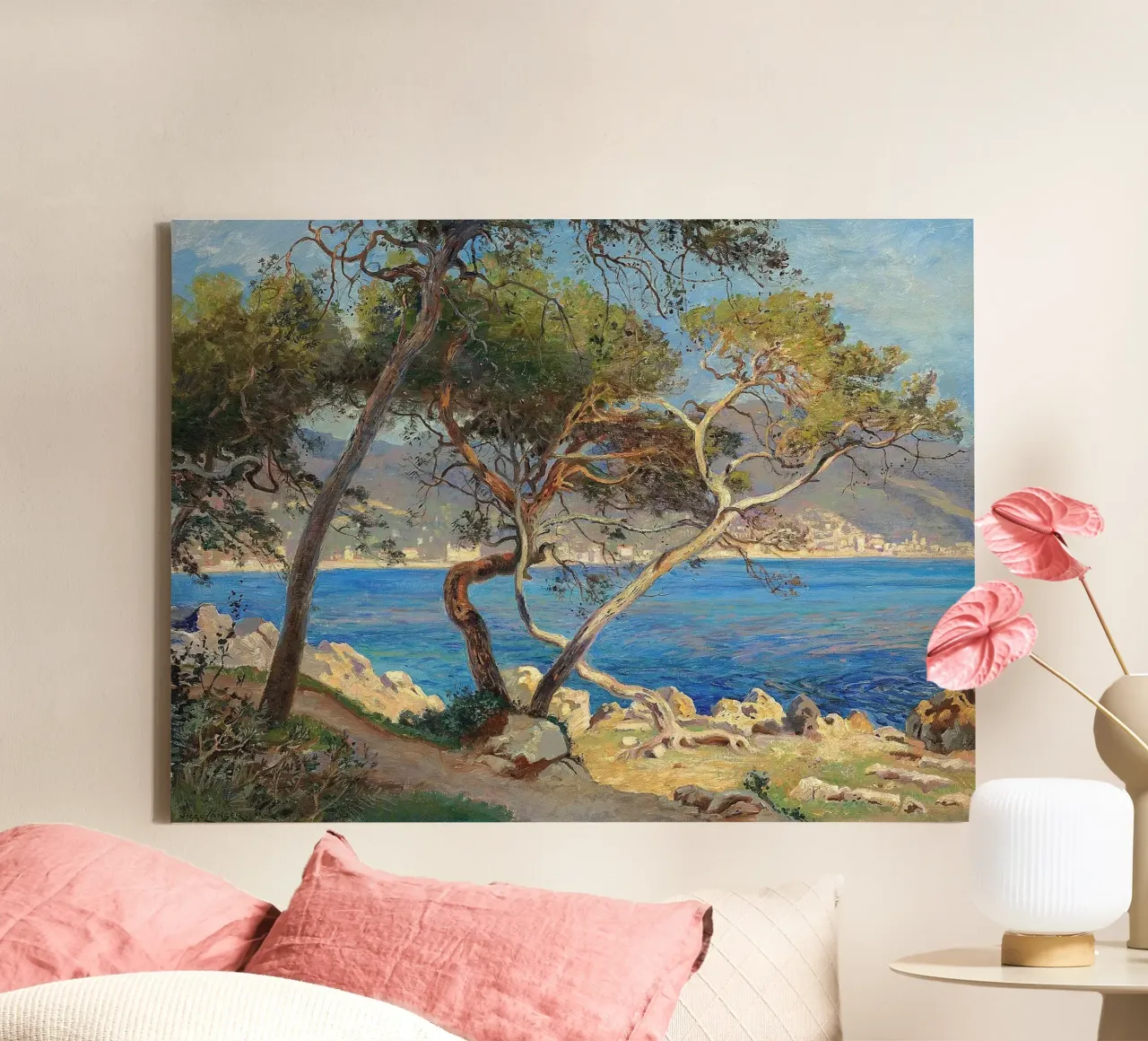 Pine trees at Cap Martin Coastal Landscape canvas with Floater frame by apoloprints