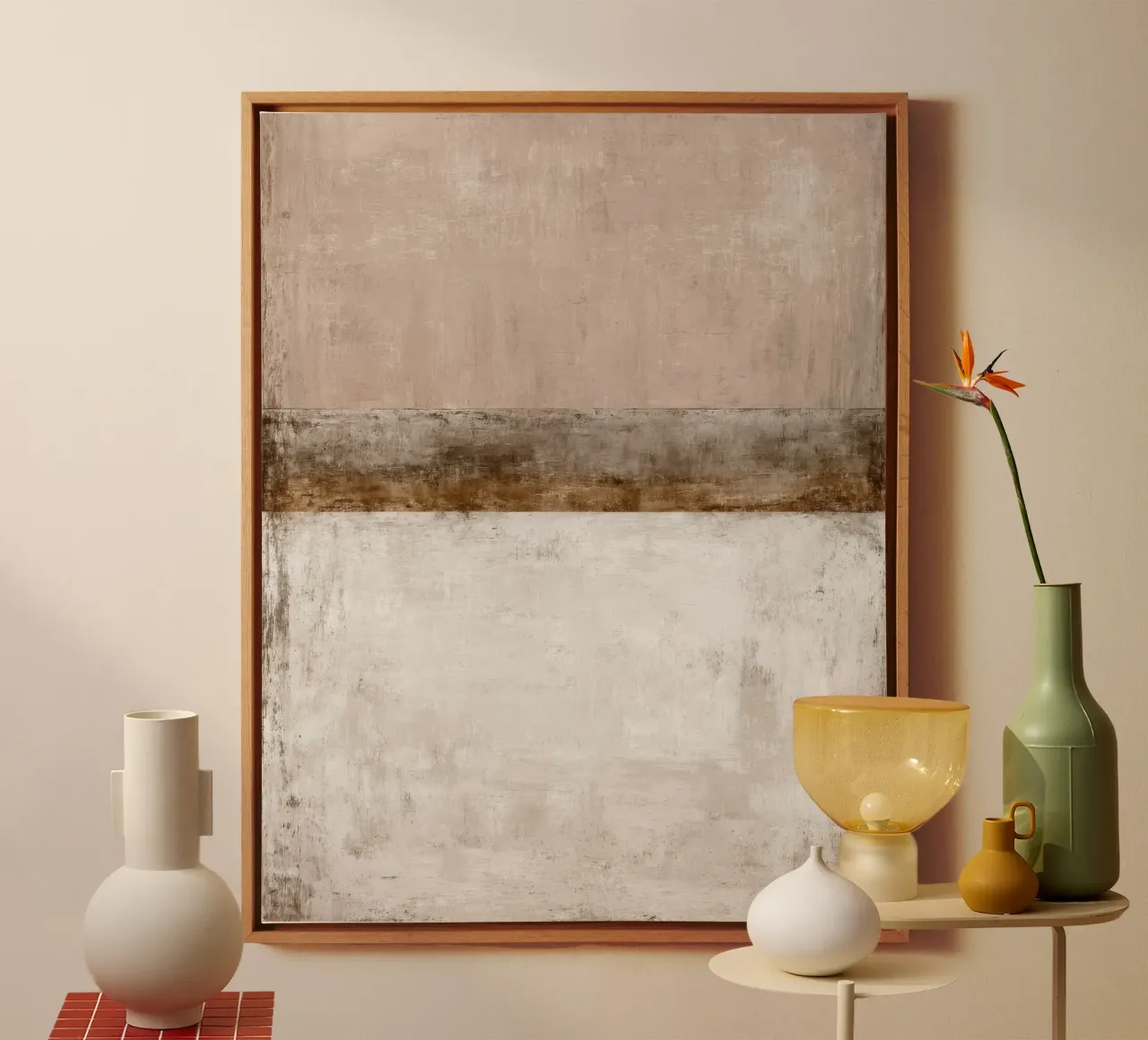 Textured Minimalist Abstract Painting in Beige and White canvas with Floater frame by Artbyvo