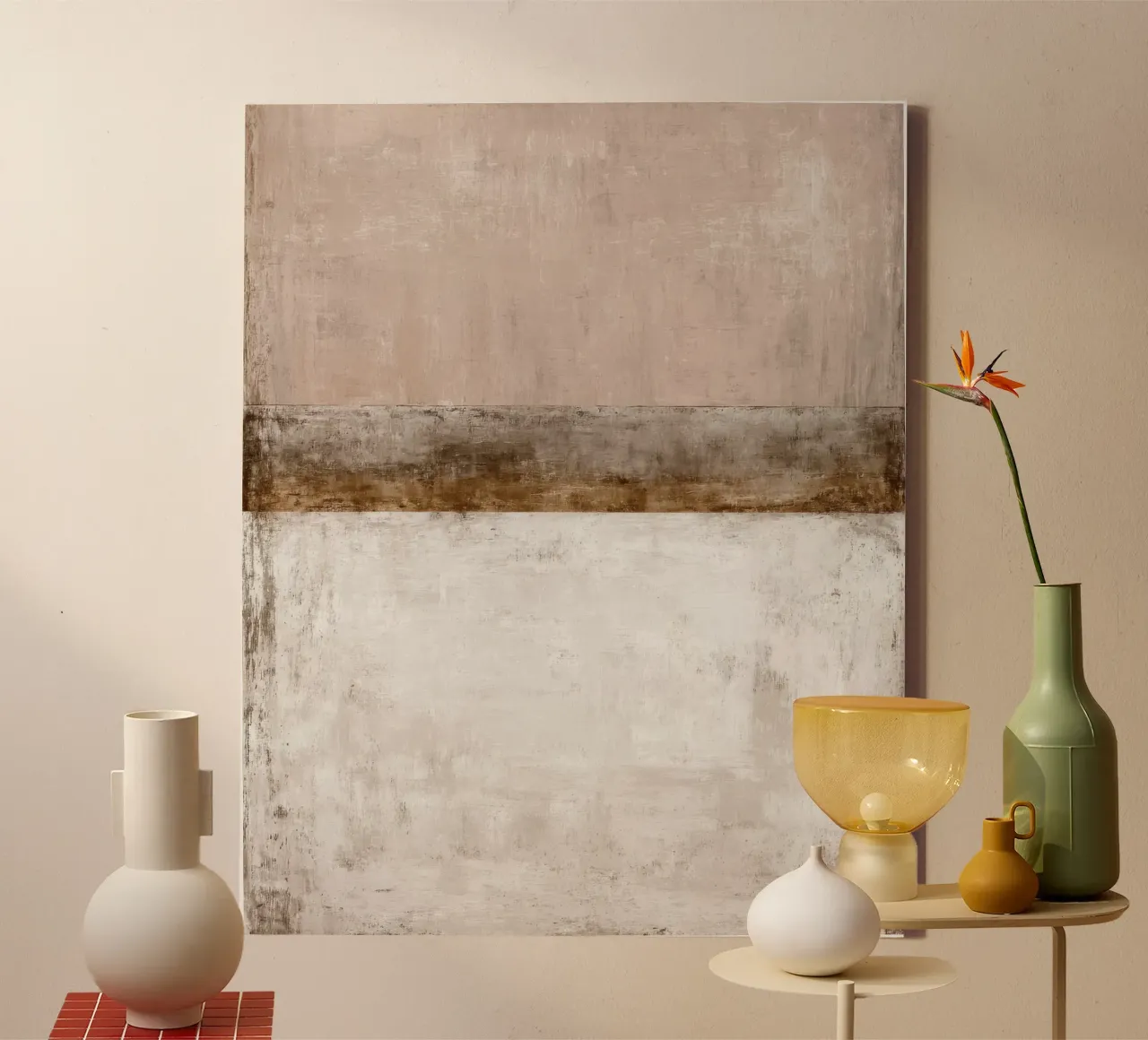 Textured Minimalist Abstract Painting in Beige and White canvas with Floater frame by Artbyvo