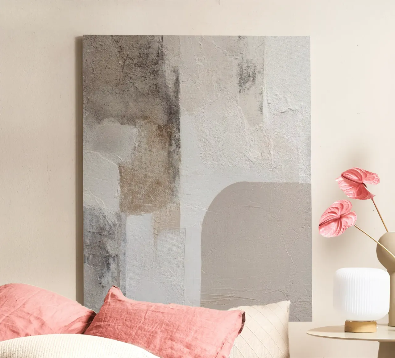 Minimalistisch abstract schilderij met textuur en neutrale beige ondergrond canvas met Baklijst van Artbyvo