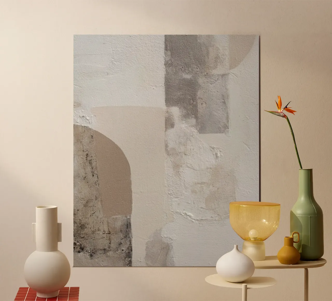 Texturiertes minimalistisches abstraktes Gemälde in weichen neutralen Farbtönen Poster mit Kunststoffrahmen von Artbyvo