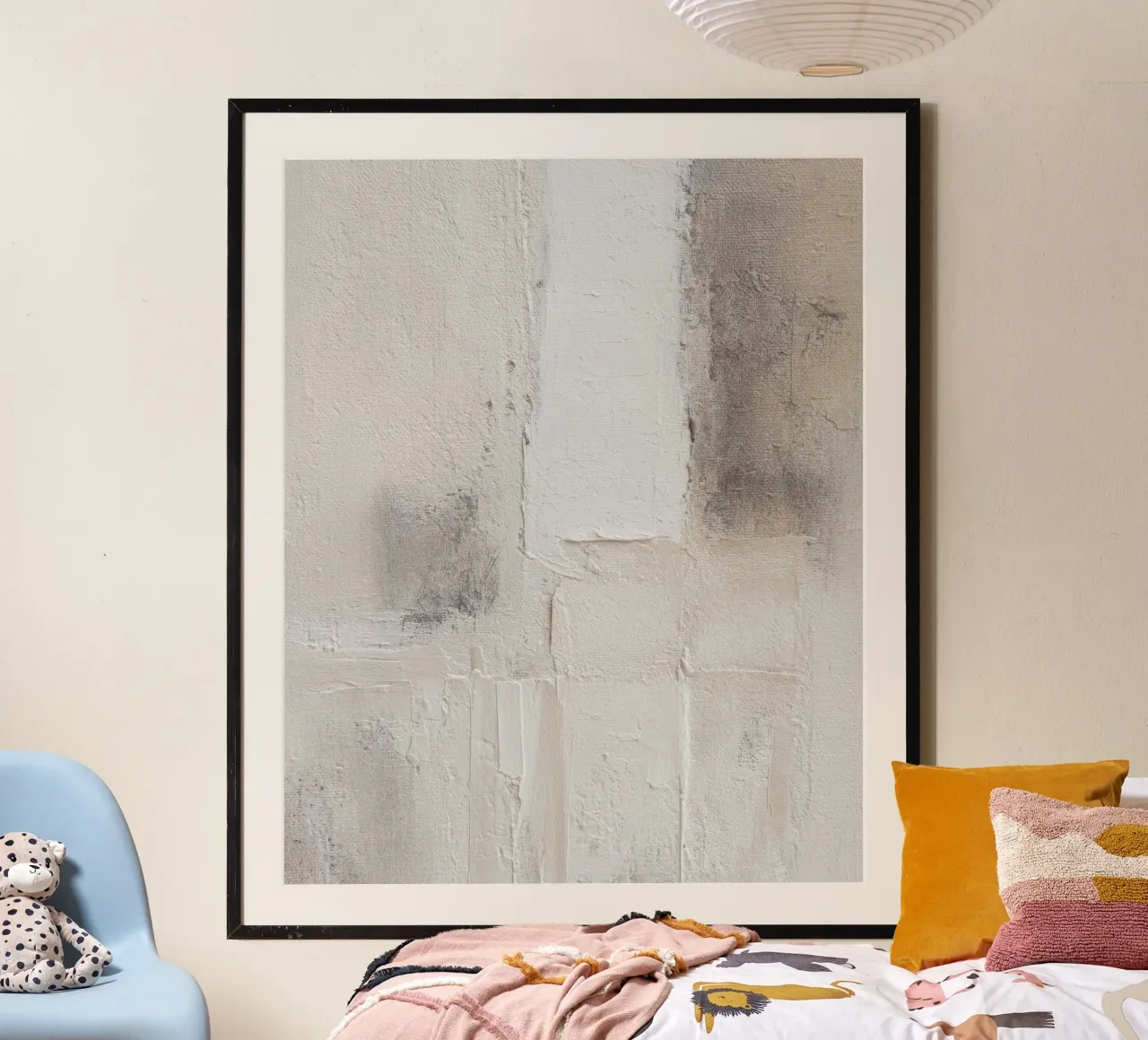 Minimalistisch abstract schilderij met textuur in lichte neutrale tinten poster met kunststof frame van Artbyvo