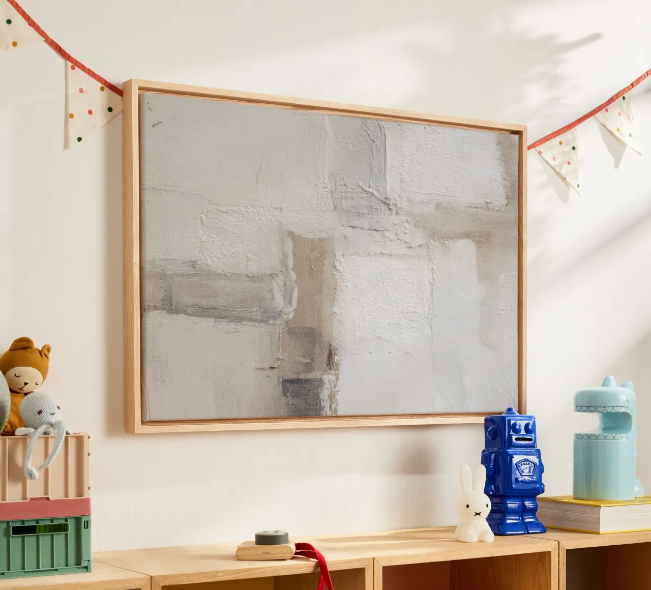 Abstract minimalistisch schilderij met textuur in warme neutrale kleuren canvas met Baklijst van Artbyvo