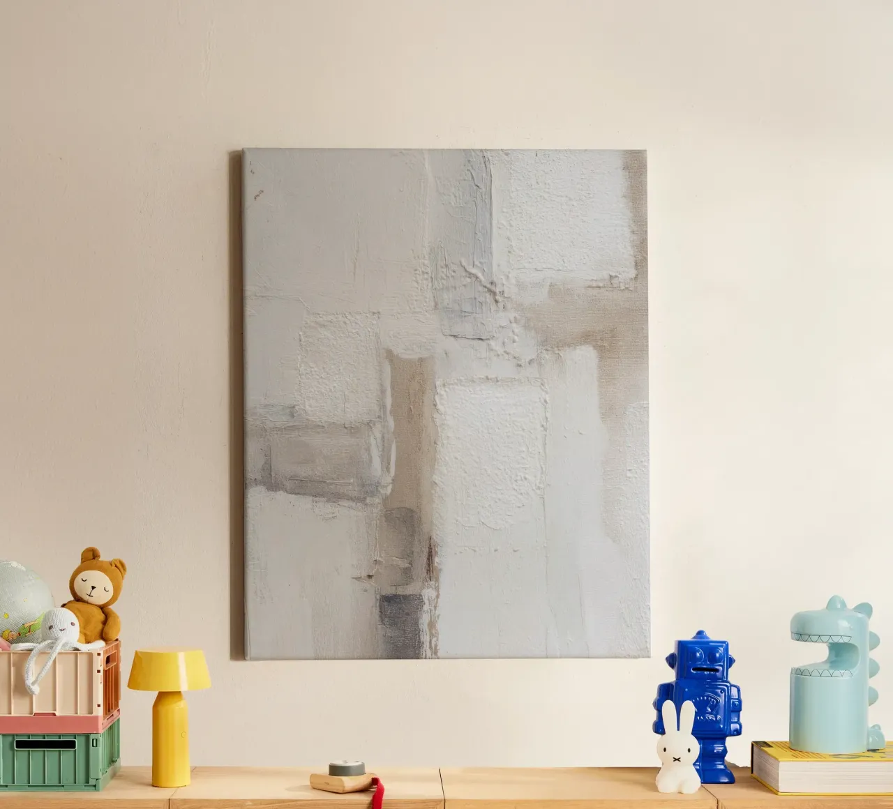Abstract minimalistisch schilderij met textuur in warme neutrale kleuren canvas met Baklijst van Artbyvo