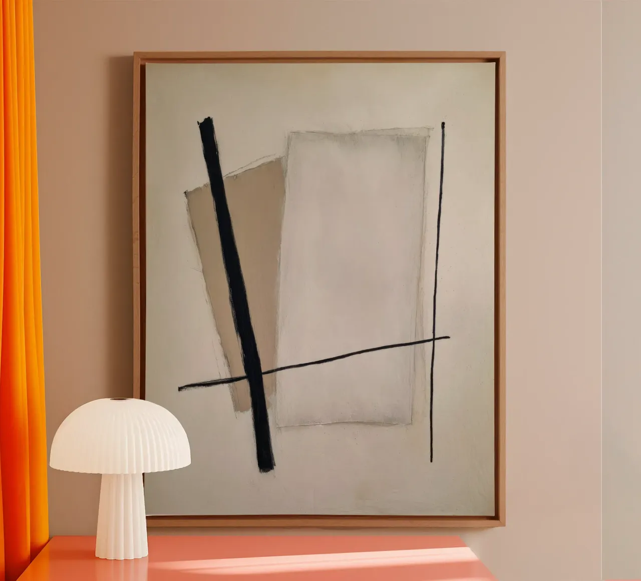 Minimalistisches geometrisches abstraktes Gemälde in neutralem Beige-Ton Leinwand mit Schattenfugenrahmen von Artbyvo
