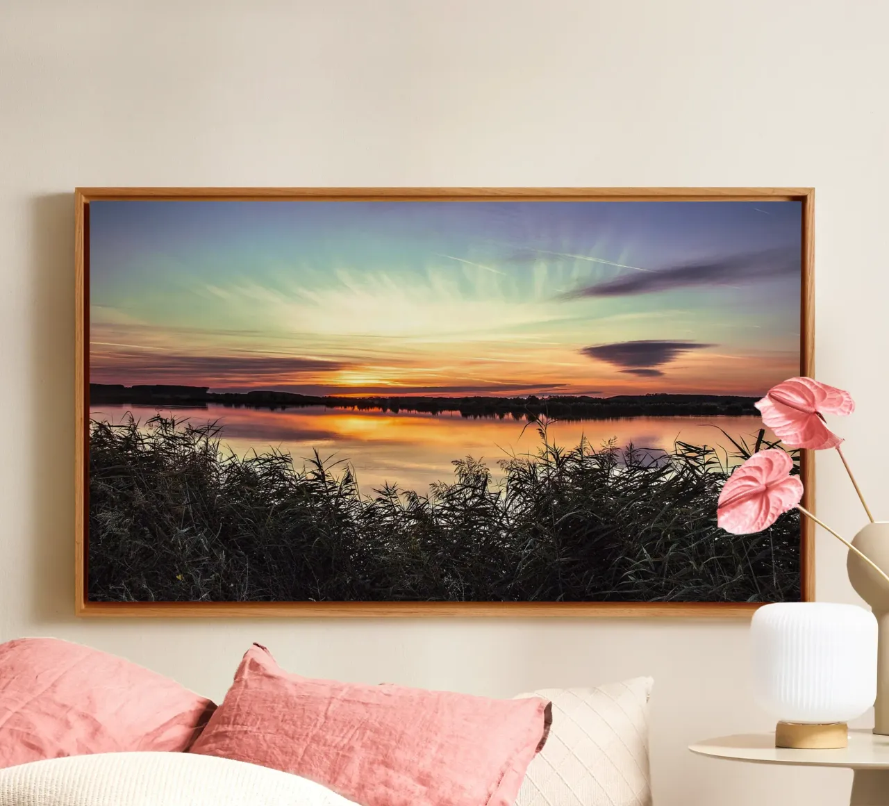 Mijn ziel is thuis - Sunset Lake Print canvas met Baklijst van jay