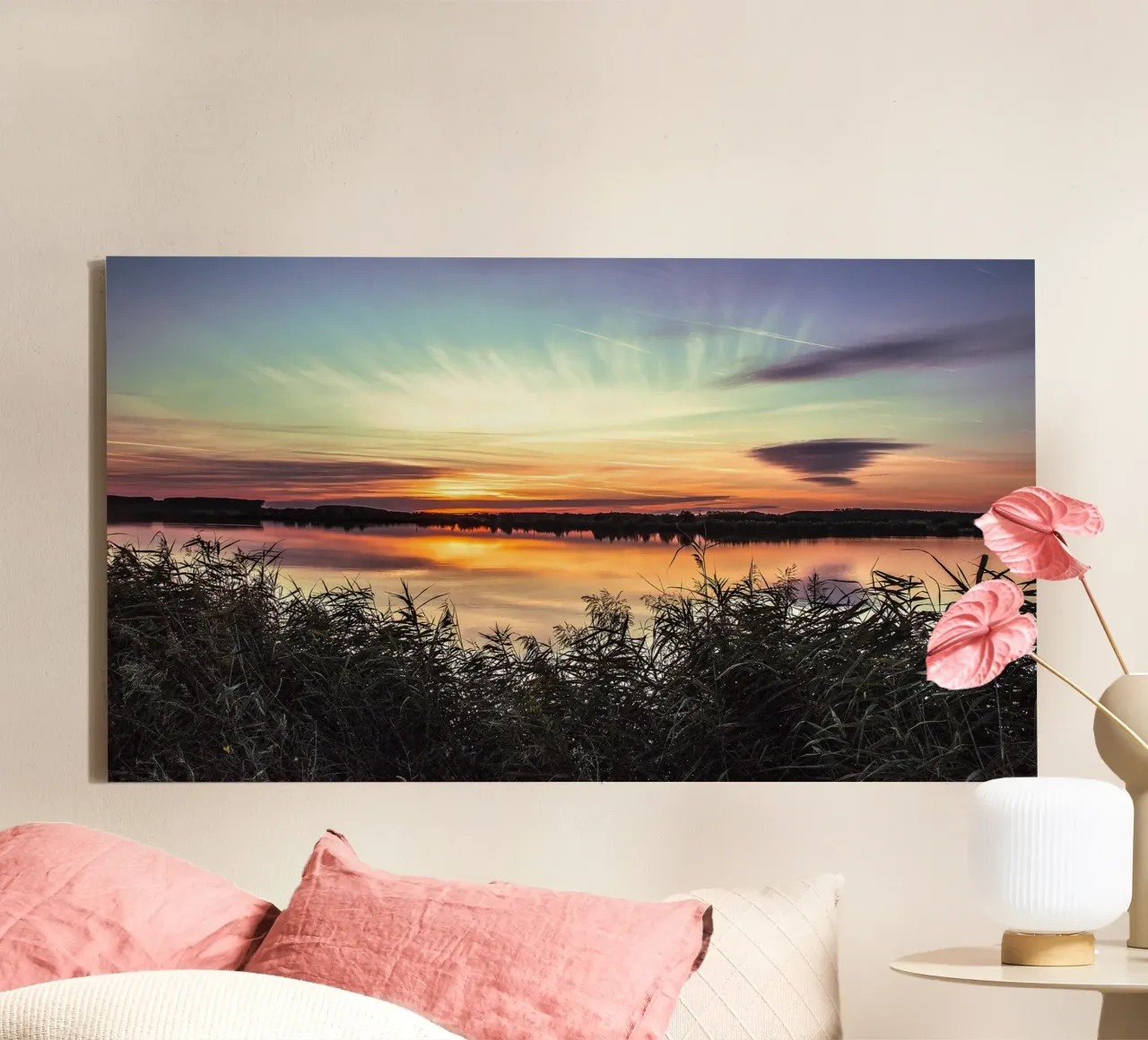 Mijn ziel is thuis - Sunset Lake Print canvas met Baklijst van jay