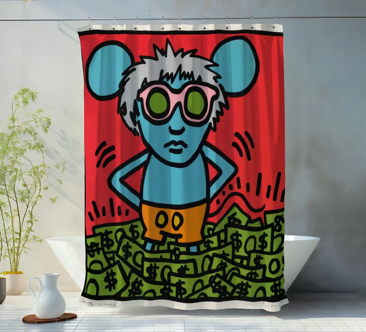 Poster pop art di Keith Haring Andy Mouse tenda da doccia da ClubArt
