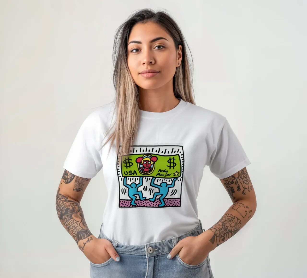 Keith Haring Andy Mouse Banconota da un dollaro Pop Art t-shirt da ClubArt
