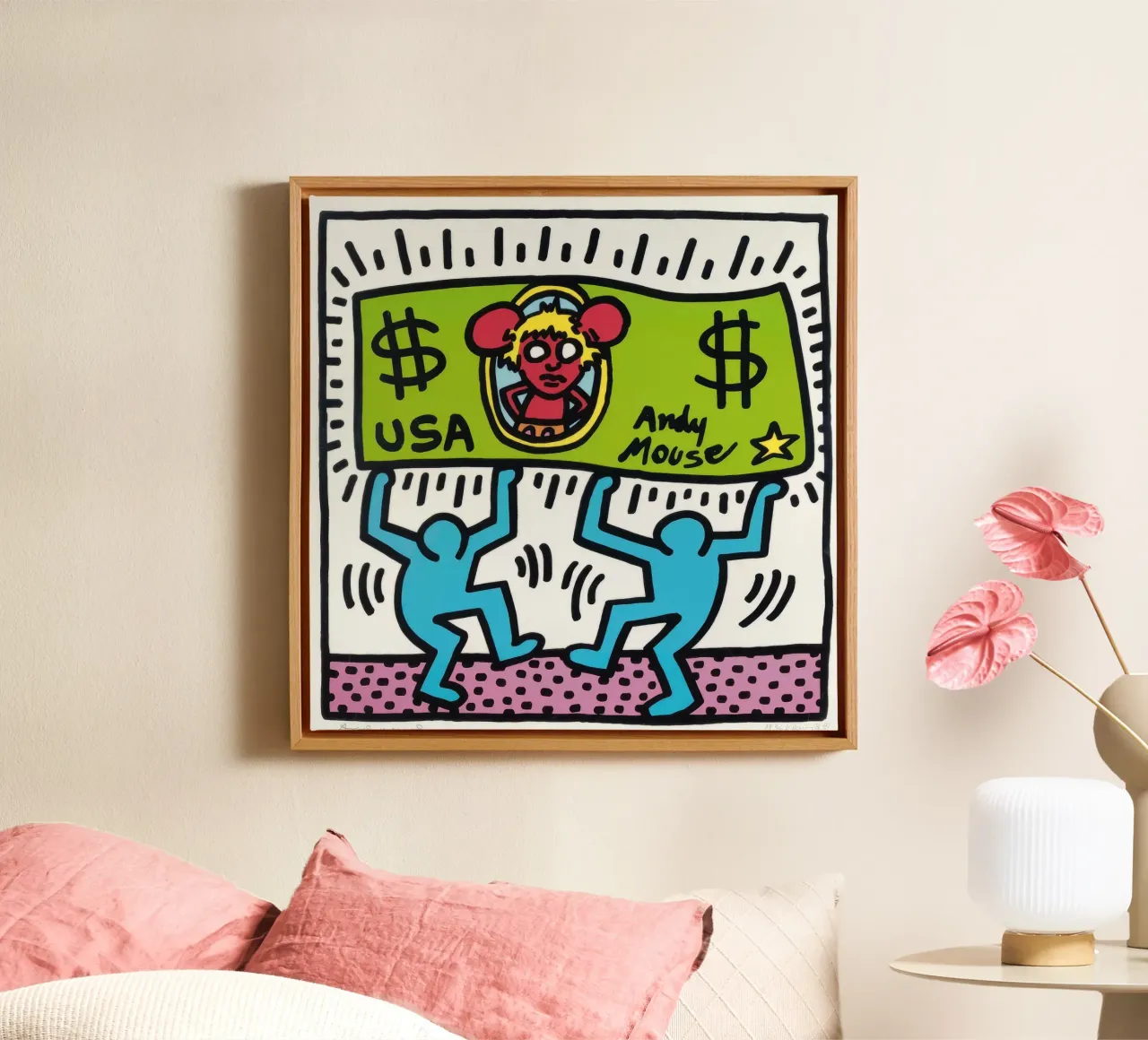Keith Haring Andy Muis Dollarbiljet Pop Art canvas met Baklijst van ClubArt