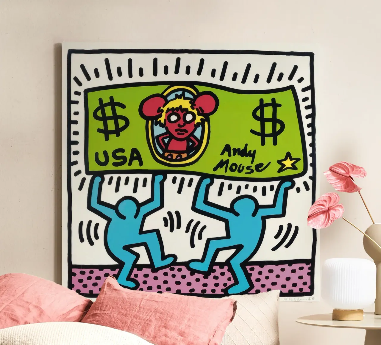 Keith Haring Andy Muis Dollarbiljet Pop Art canvas met Baklijst van ClubArt