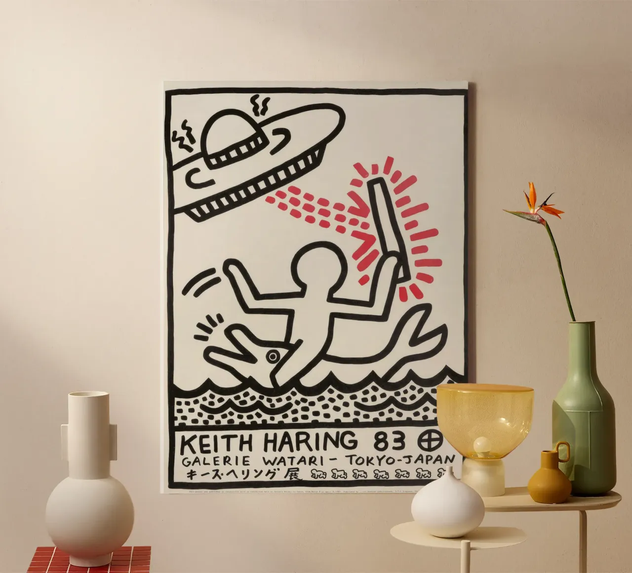 Keith Haring UFO Dolfijn Tokio Poster canvas met Baklijst van ClubArt