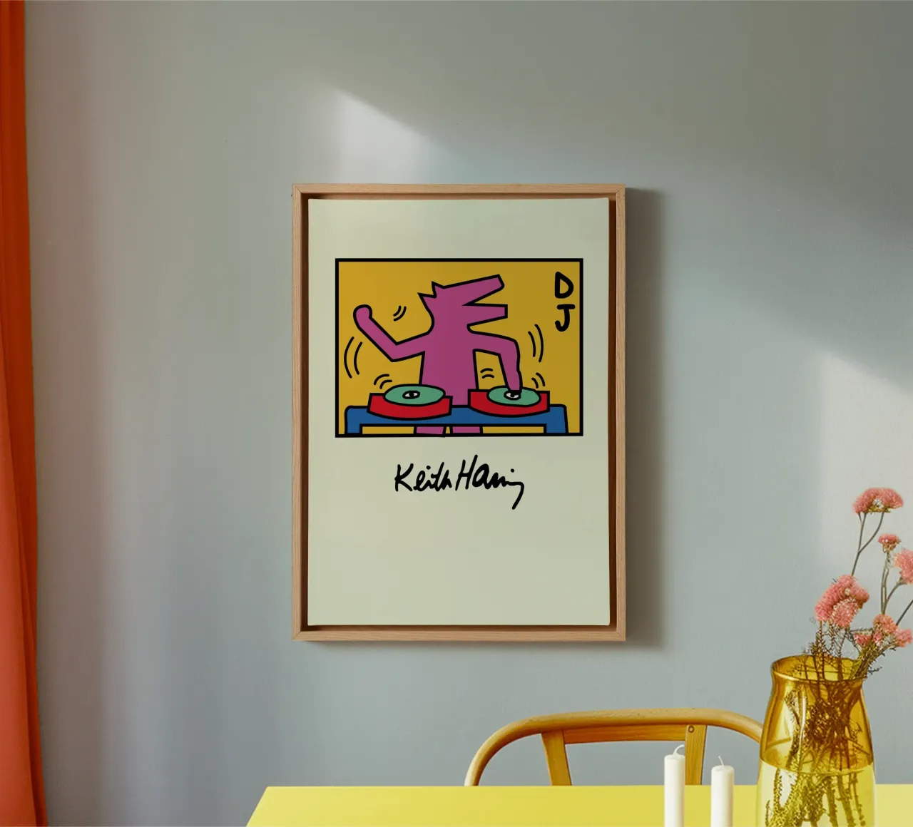 Keith Haring DJ Hund Pop Art Poster Leinwand mit Schattenfugenrahmen von ClubArt