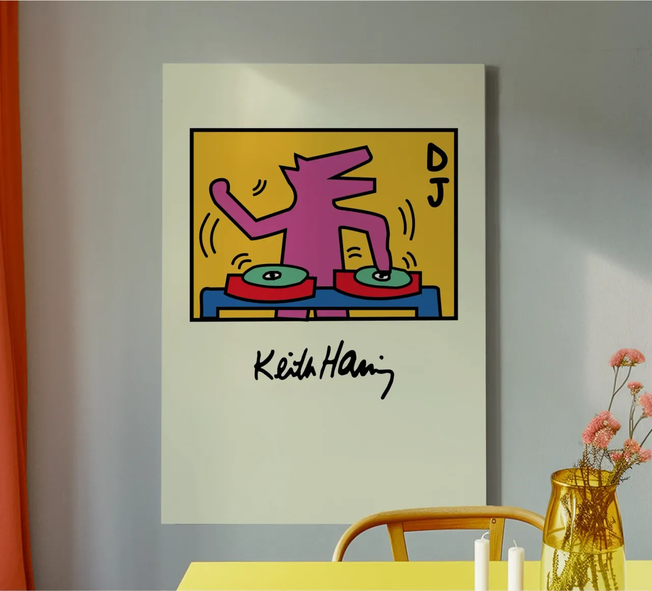 Keith Haring DJ Hund Pop Art Poster Leinwand mit Schattenfugenrahmen von ClubArt