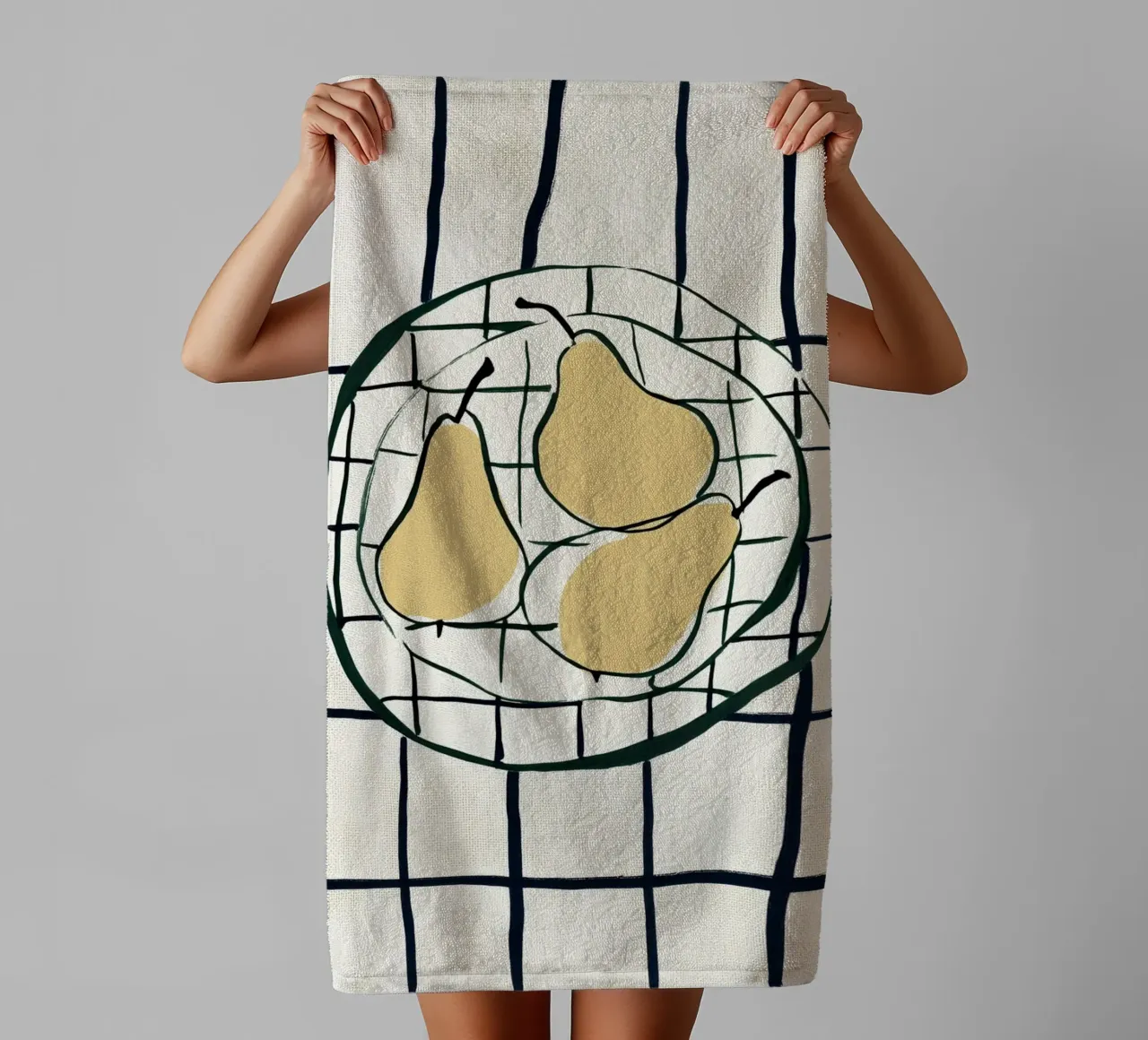 Pears on chequered pattern towel by Carinaprint