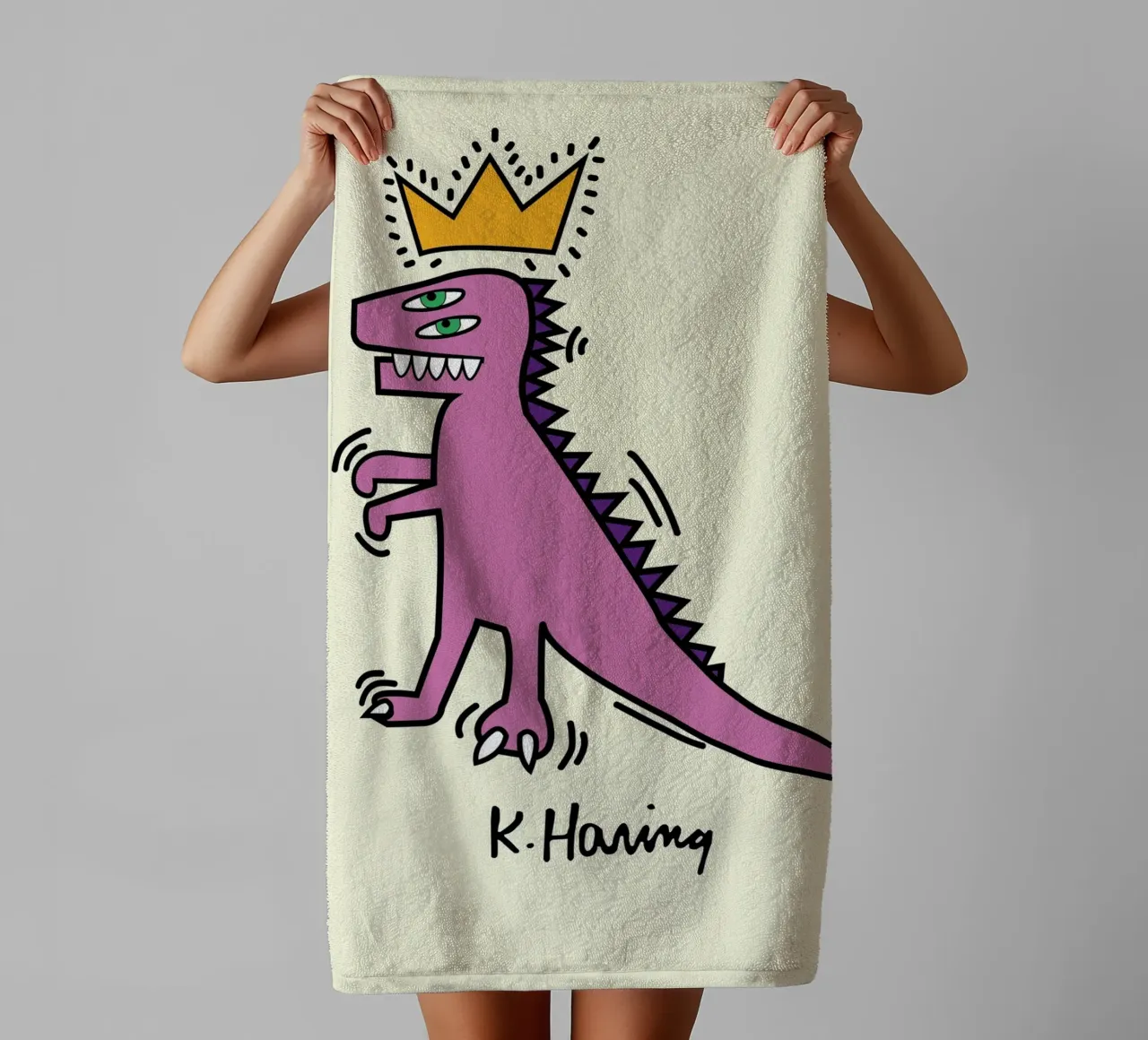 Affiche Keith Haring Pop Art - Dinosaure avec couronne serviette de bain de ClubArt