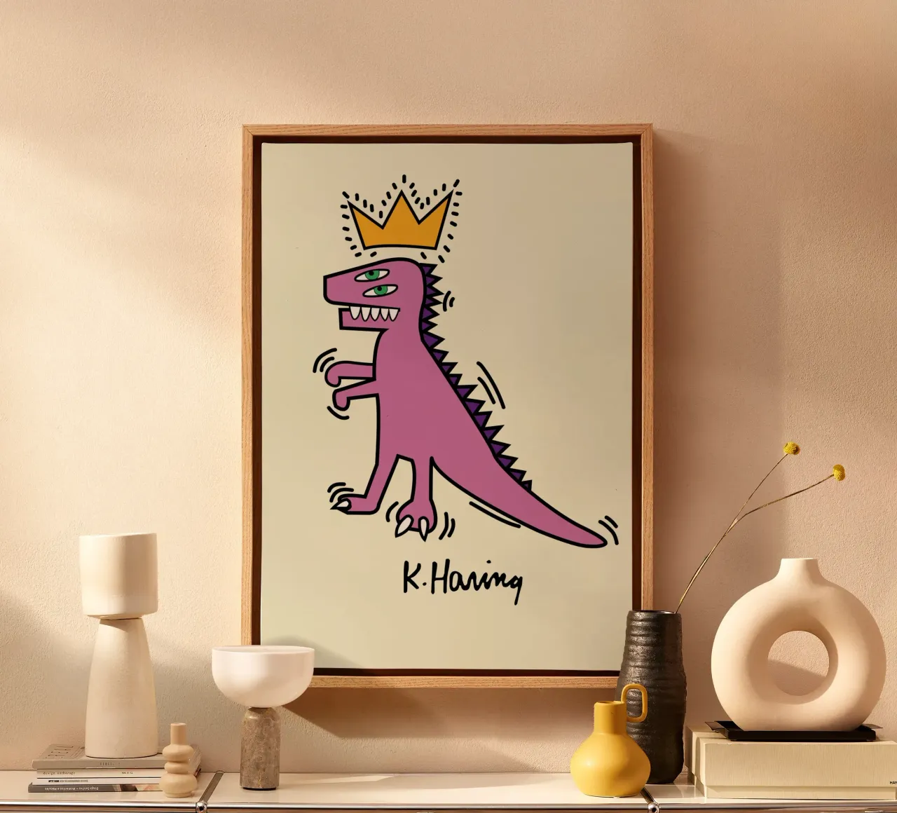 Keith Haring Pop Art Dinosaurus met Kroon Poster canvas met Baklijst van ClubArt