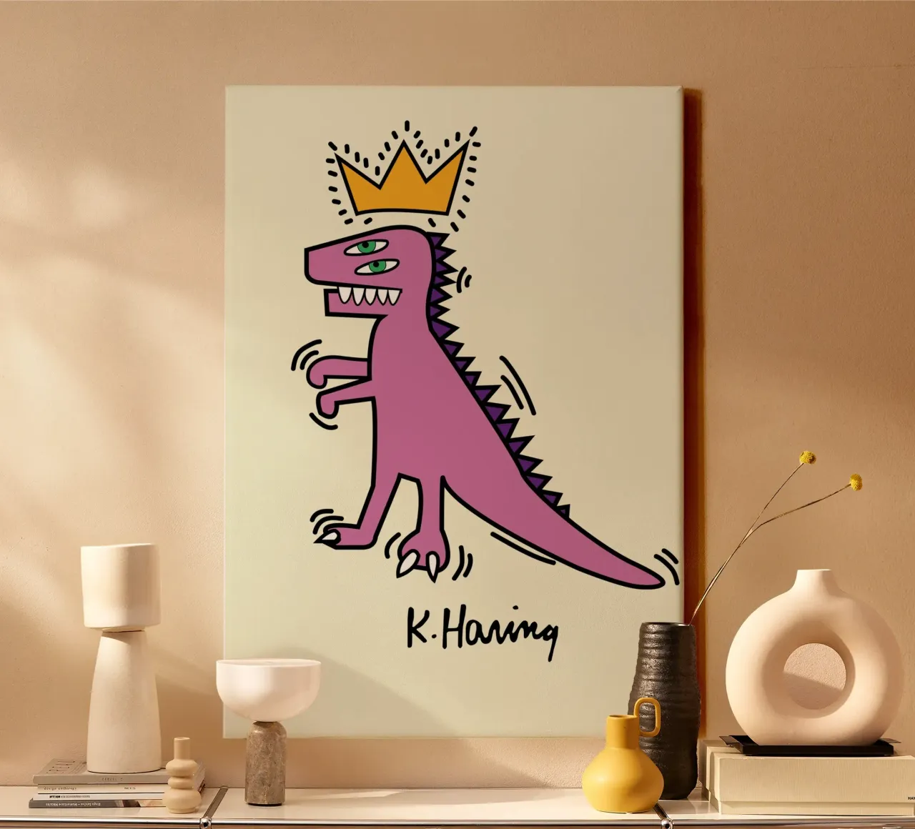Keith Haring Pop Art Dinosaurus met Kroon Poster canvas met Baklijst van ClubArt