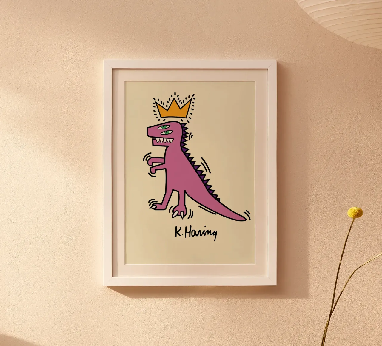 Keith Haring Dinosauro pop art con corona Poster poster con telaio in legno da ClubArt