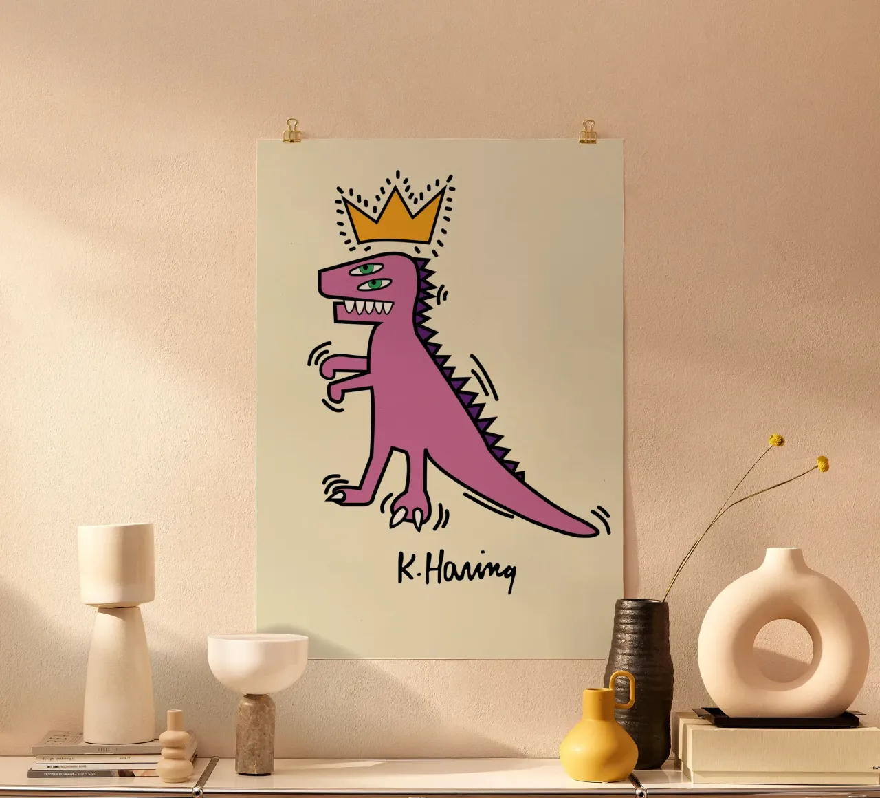 Keith Haring Dinosauro pop art con corona Poster poster con telaio in legno da ClubArt